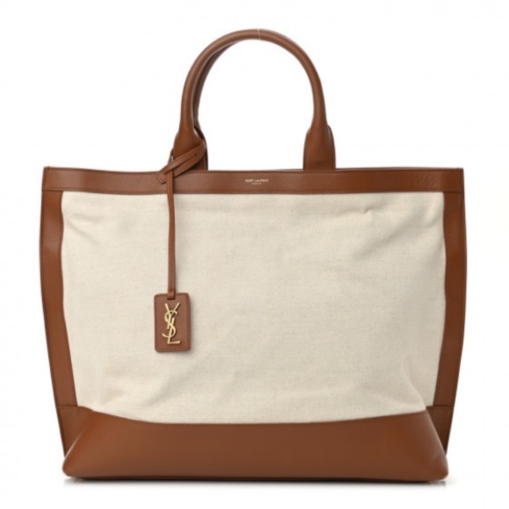Saint Laurent Calfskin Linen Two Tone Cabas Tote Beige with YSL tag